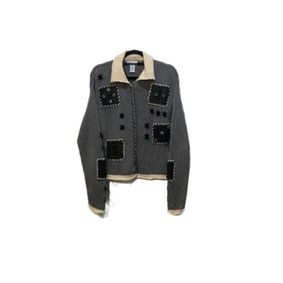 VINTAGE BRIDGEWATER Womens Gray Cream Patch Button Cardigan Size M Art to Wear - Picture 1 of 6